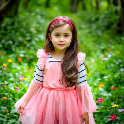 A young girl in a lush green forest, wearing a pink dress over a white blouse with black stripes