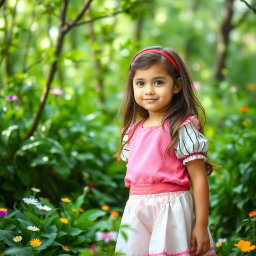 A young girl in a lush green forest, wearing a pink dress over a white blouse with black stripes