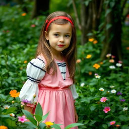 A young girl in a lush green forest, wearing a pink dress over a white blouse with black stripes