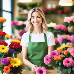 A cheerful florist, surrounded by vibrant and colorful assortment of flowers in a cozy, well-lit flower shop.