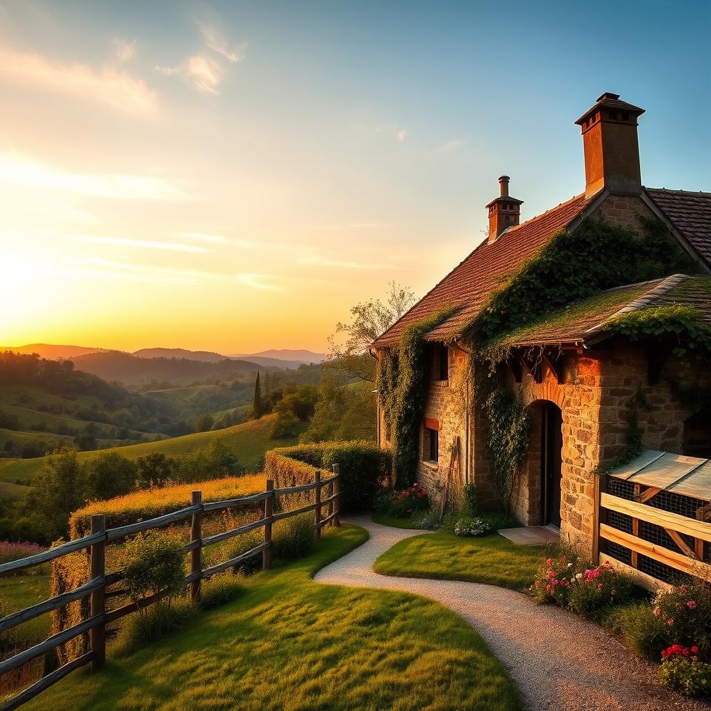 A beautiful, serene landscape of the French countryside during golden hour, with rolling hills dotted with vibrant green trees and colorful wildflowers, under a sky painted with soft, warm hues of orange and pink