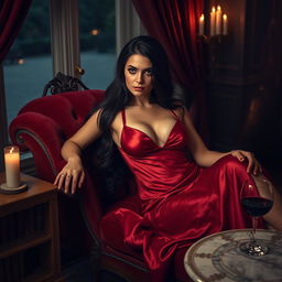 A sensual portrayal of a confident woman lounging on a vintage velvet chaise in a dimly lit room, adorned with luxurious curtains and candlelight flickering softly