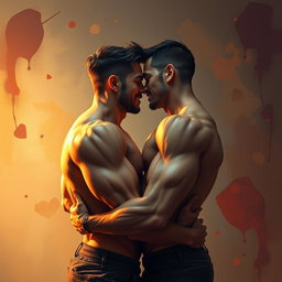 An artistic interpretation of a passionate moment between two men in a romantic and intimate setting, featuring strong expressions of emotion and connection