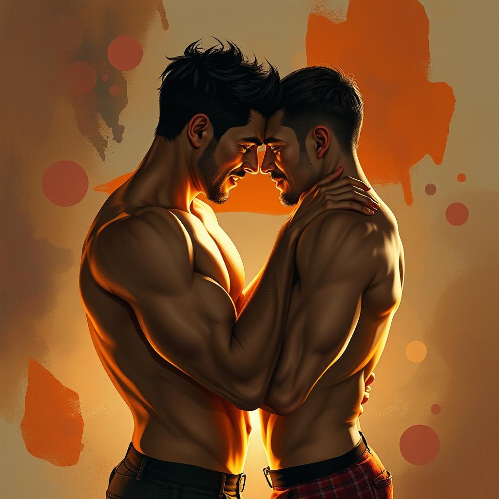An artistic interpretation of a passionate moment between two men in a romantic and intimate setting, featuring strong expressions of emotion and connection