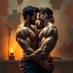 An artistic interpretation of a passionate moment between two men in a romantic and intimate setting, featuring strong expressions of emotion and connection