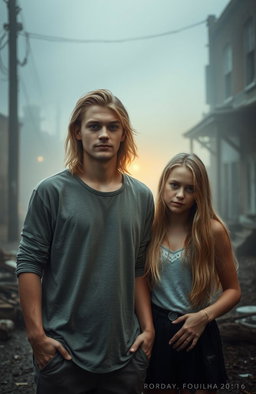 A handsome young man in his twenties with long blonde hair standing confidently next to his blonde 17-year-old sister, both exuding a slight thrill and horror vibe