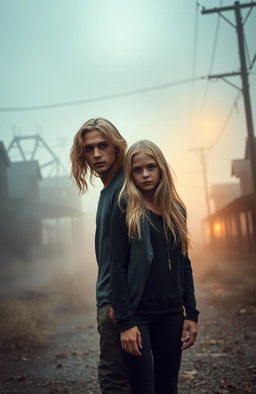 A handsome young man in his twenties with long blonde hair standing confidently next to his blonde 17-year-old sister, both exuding a slight thrill and horror vibe