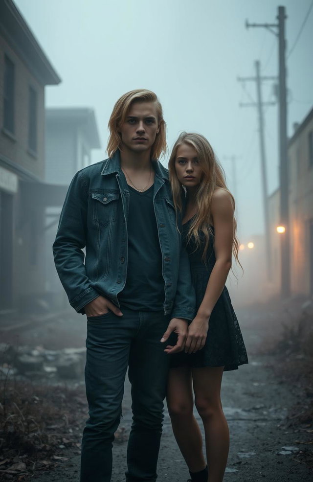 A handsome young man in his twenties with long blonde hair standing confidently next to his blonde 17-year-old sister, both exuding a slight thrill and horror vibe