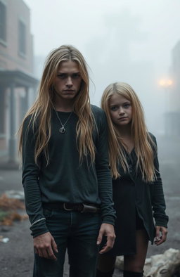 A handsome young man in his twenties with long blonde hair standing confidently next to his blonde 17-year-old sister, both exuding a slight thrill and horror vibe