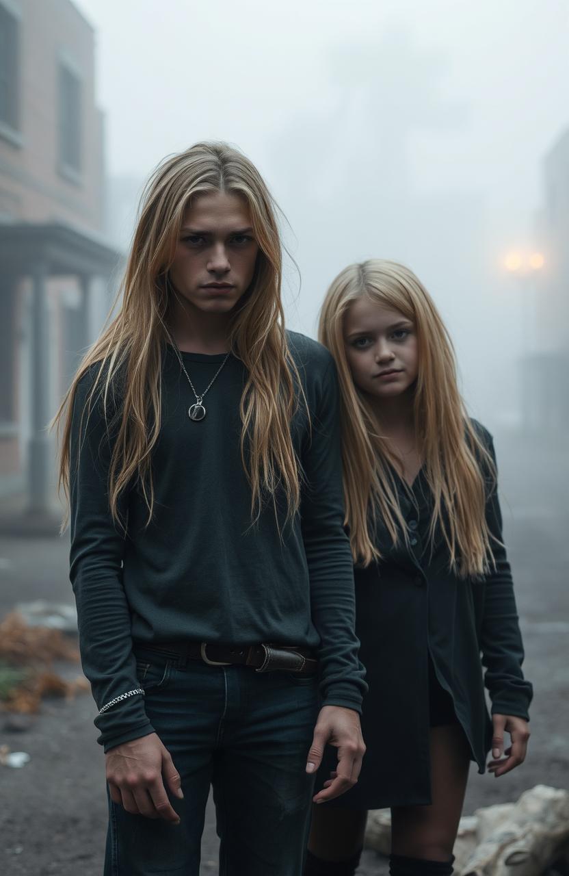 A handsome young man in his twenties with long blonde hair standing confidently next to his blonde 17-year-old sister, both exuding a slight thrill and horror vibe