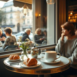 A serene and inviting scene depicting a peaceful café in Paris, showcasing a cozy table set for two with croissants, a fresh pot of coffee, and delicate flowers in a vase