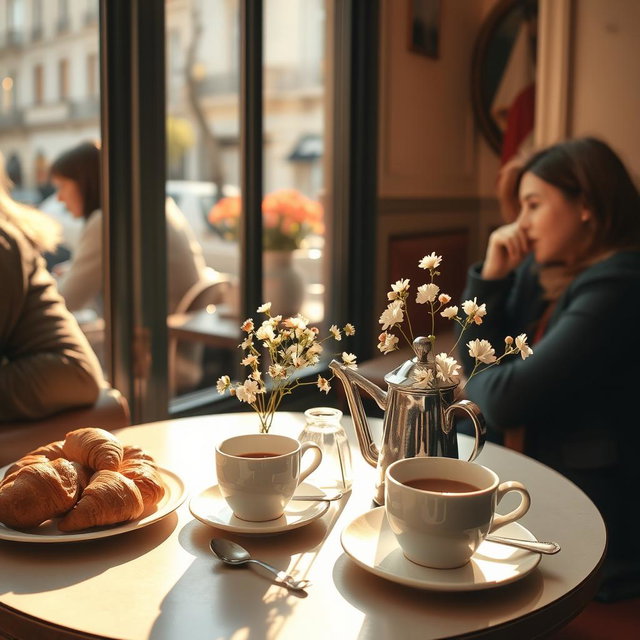 A serene and inviting scene depicting a peaceful café in Paris, showcasing a cozy table set for two with croissants, a fresh pot of coffee, and delicate flowers in a vase