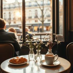 A serene and inviting scene depicting a peaceful café in Paris, showcasing a cozy table set for two with croissants, a fresh pot of coffee, and delicate flowers in a vase