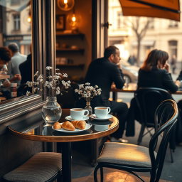 A serene and inviting scene depicting a peaceful café in Paris, showcasing a cozy table set for two with croissants, a fresh pot of coffee, and delicate flowers in a vase