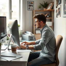 A focused individual working diligently at a computer in a small, cozy office space