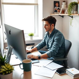 A focused individual working diligently at a computer in a small, cozy office space