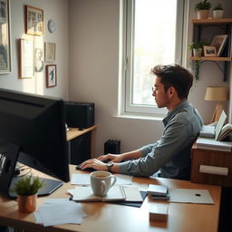 A focused individual working diligently at a computer in a small, cozy office space