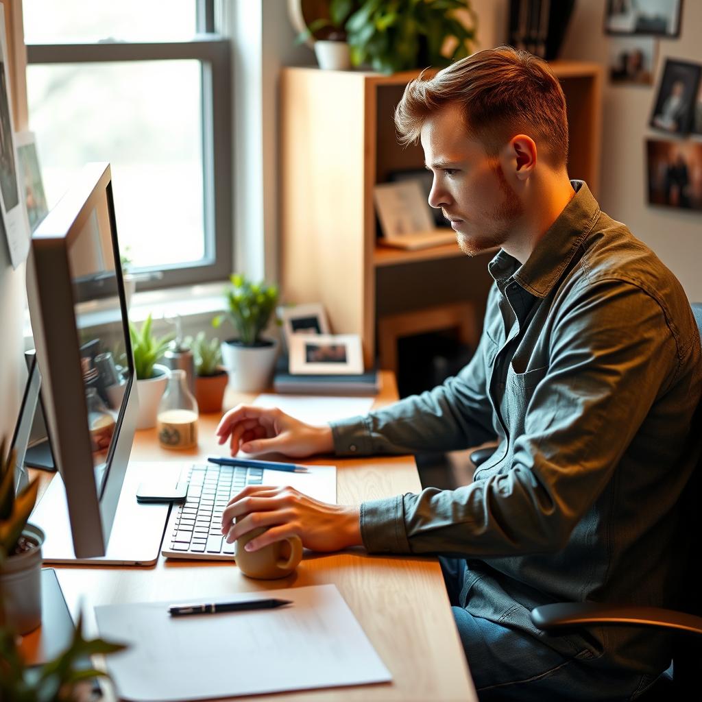 A focused individual working diligently at a computer in a small, cozy office space