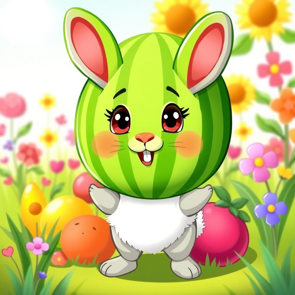 A cartoon rabbit with a watermelon-shaped head, vibrant colors, and a playful expression