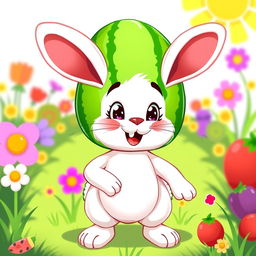 A cartoon rabbit with a watermelon-shaped head, vibrant colors, and a playful expression