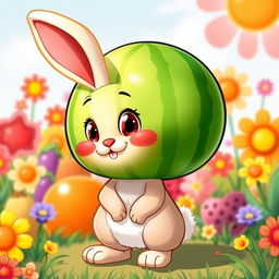 A cartoon rabbit with a watermelon-shaped head, vibrant colors, and a playful expression