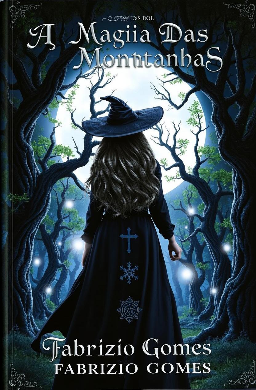 A mystical scene featuring a silhouette of a young girl with long wavy hair, wearing a dark robe and a witch's hat, standing in an enchanted forest