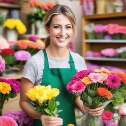 A cheerful florist, surrounded by vibrant and colorful assortment of flowers in a cozy, well-lit flower shop.