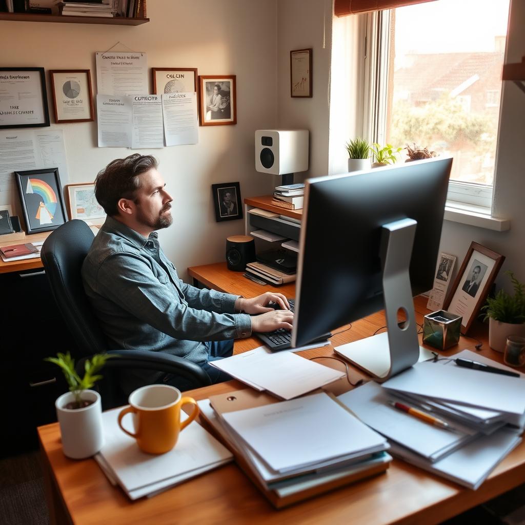 A dedicated employee working at their computer in a small, intimate office setting