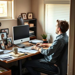 A dedicated employee working at their computer in a small, intimate office setting