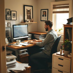 A dedicated employee working at their computer in a small, intimate office setting