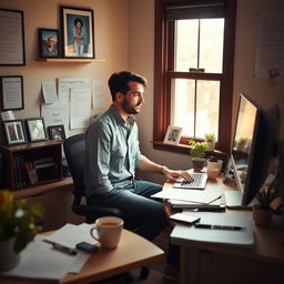 A dedicated employee working at their computer in a small, intimate office setting