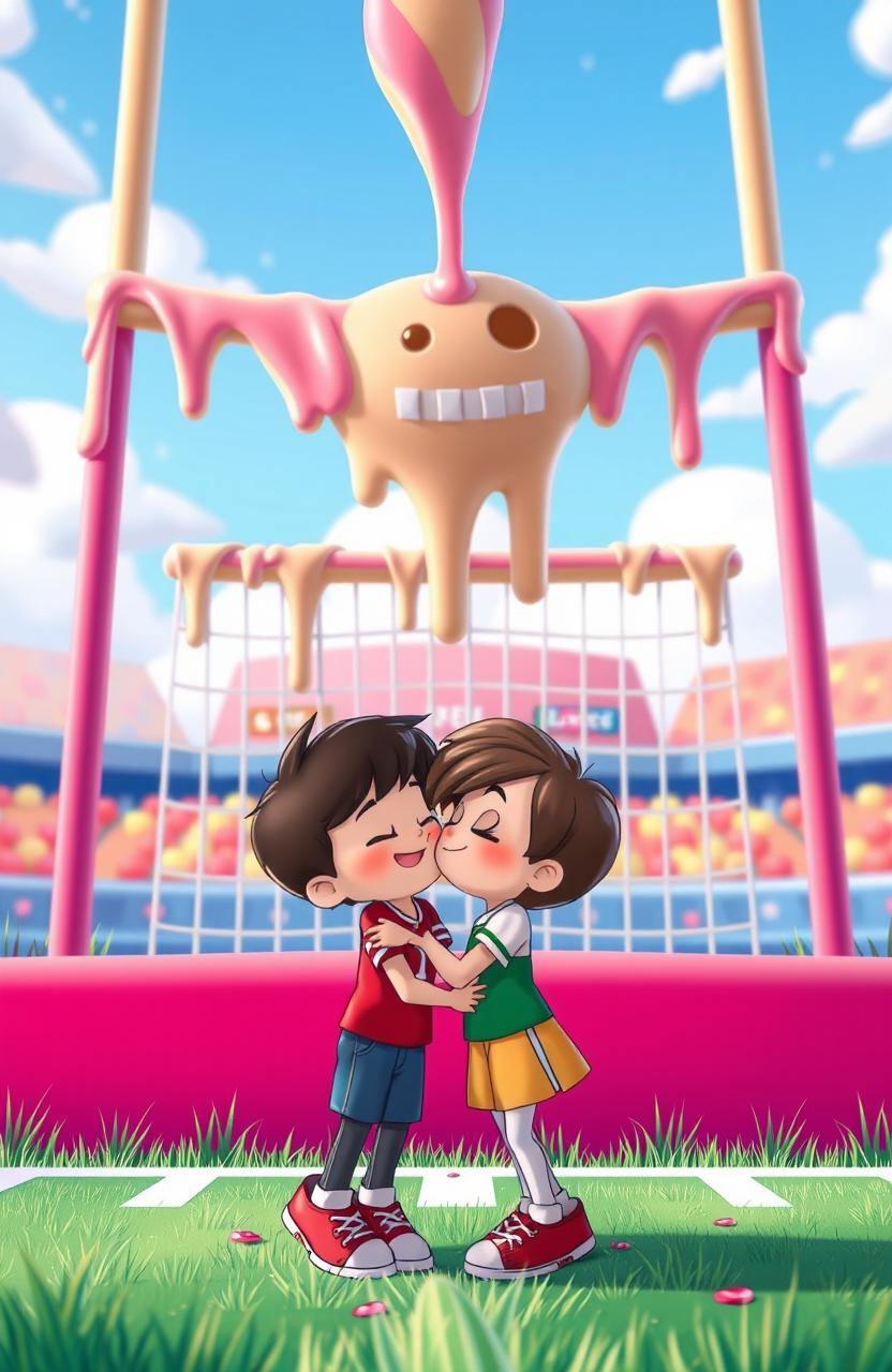 An animated scene depicting a colorful football field where cookie icing is playfully dripping off the goal post, creating a whimsical atmosphere