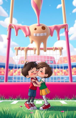 An animated scene depicting a colorful football field where cookie icing is playfully dripping off the goal post, creating a whimsical atmosphere
