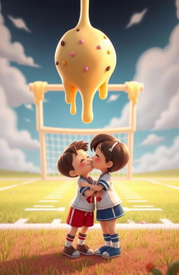 An animated scene depicting a colorful football field where cookie icing is playfully dripping off the goal post, creating a whimsical atmosphere