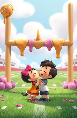 An animated scene depicting a colorful football field where cookie icing is playfully dripping off the goal post, creating a whimsical atmosphere