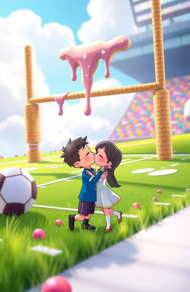 An animated scene depicting a colorful football field where cookie icing is playfully dripping off the goal post, creating a whimsical atmosphere