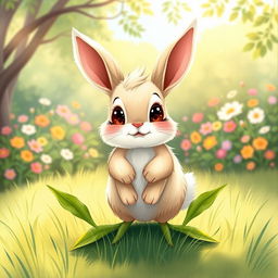 A whimsical illustration of a rabbit with legs that resemble a plant sprouting from the ground, blending the adorable features of a bunny with nature's beauty
