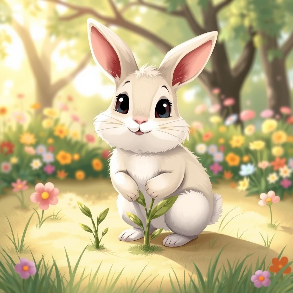 A whimsical illustration of a rabbit with legs that resemble a plant sprouting from the ground, blending the adorable features of a bunny with nature's beauty