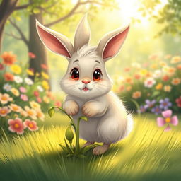 A whimsical illustration of a rabbit with legs that resemble a plant sprouting from the ground, blending the adorable features of a bunny with nature's beauty
