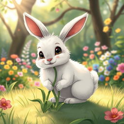 A whimsical illustration of a rabbit with legs that resemble a plant sprouting from the ground, blending the adorable features of a bunny with nature's beauty