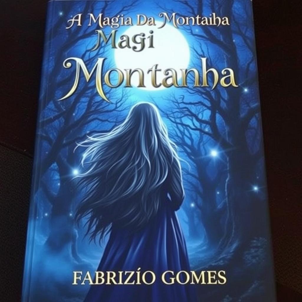 A captivating book cover featuring a witch with long flowing hair, seen from behind, walking through a mystical forest under a bright full moon