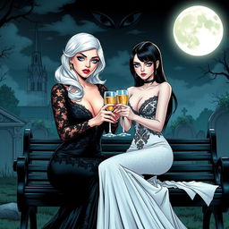 A realistic comic book version featuring a very beautiful, attractive, stunning, curvy shapely girl with white hair, elegantly dressed in a tight low-cut long black lace gown