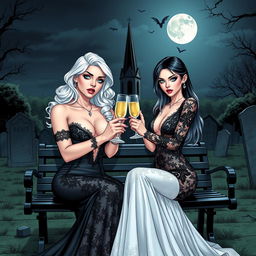 A realistic comic book version featuring a very beautiful, attractive, stunning, curvy shapely girl with white hair, elegantly dressed in a tight low-cut long black lace gown