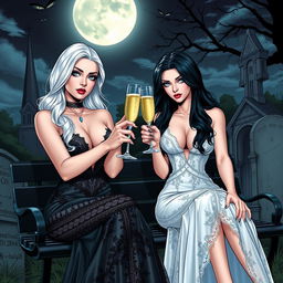 A realistic comic book version featuring a very beautiful, attractive, stunning, curvy shapely girl with white hair, elegantly dressed in a tight low-cut long black lace gown