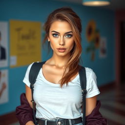 A stunning 25-year-old woman dressed in a fashionable student outfit stands facing the camera with a captivating, slightly provocative expression