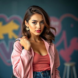 A stunning 25-year-old woman dressed in a fashionable student outfit stands facing the camera with a captivating, slightly provocative expression