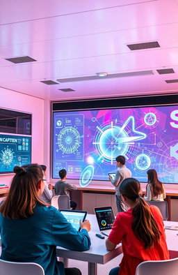 A futuristic classroom setting showcasing advanced generative artificial intelligence learning