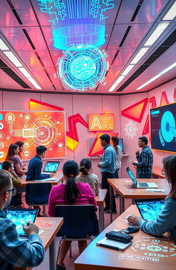 A futuristic classroom setting showcasing advanced generative artificial intelligence learning