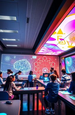 A futuristic classroom setting showcasing advanced generative artificial intelligence learning