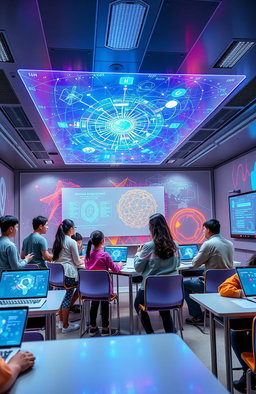 A futuristic classroom setting showcasing advanced generative artificial intelligence learning